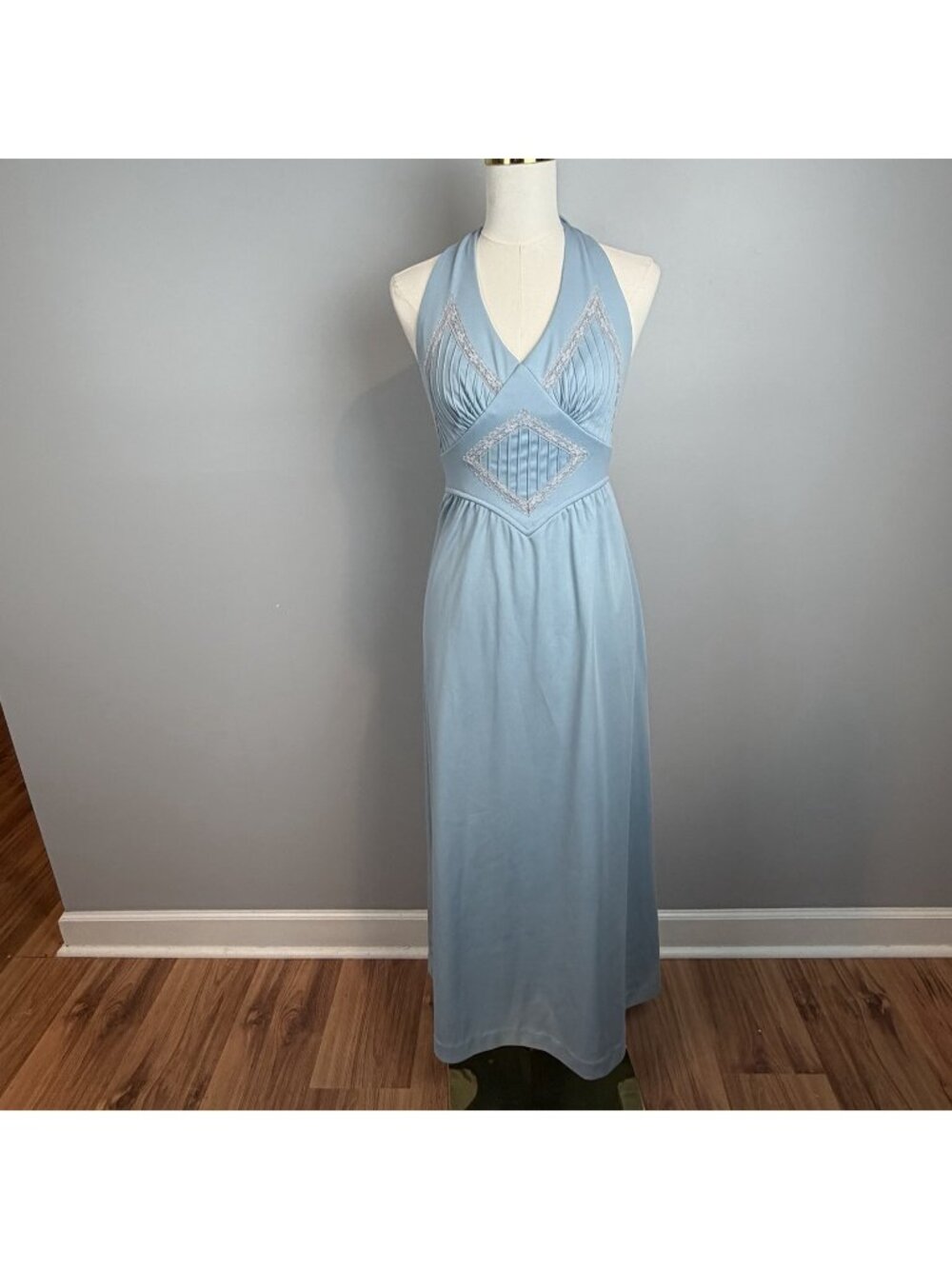 Vintage 70s Mike Benet Jr’s Blue Halter Maxi Dress XS Semi Formal Gown